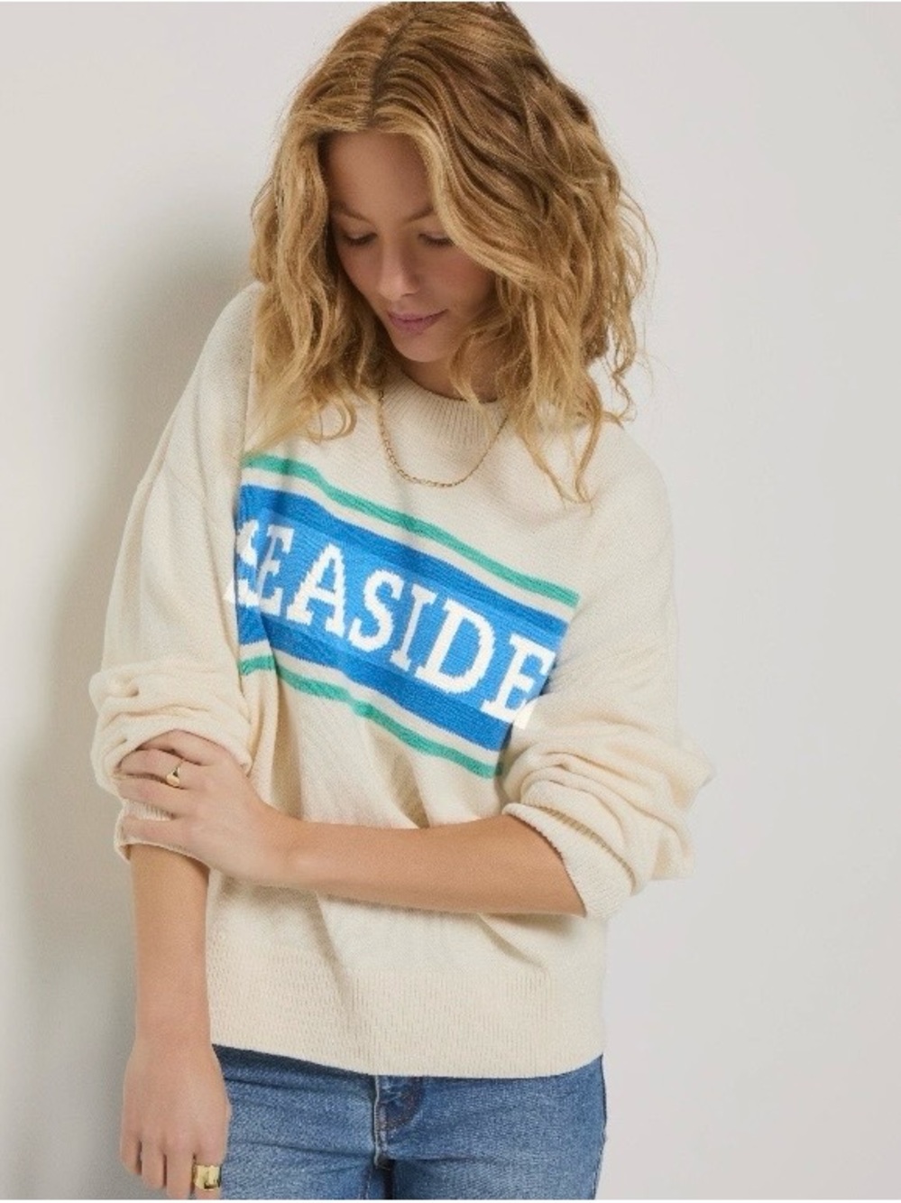 78&Sunny Seaside Graphic Coastal Crewneck Sweater Ivory Blue Green XS